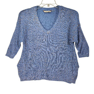 Soft Surroundings Chunky Blue & Gold Loose Knit 3/4 Sleeve Sweater Size L